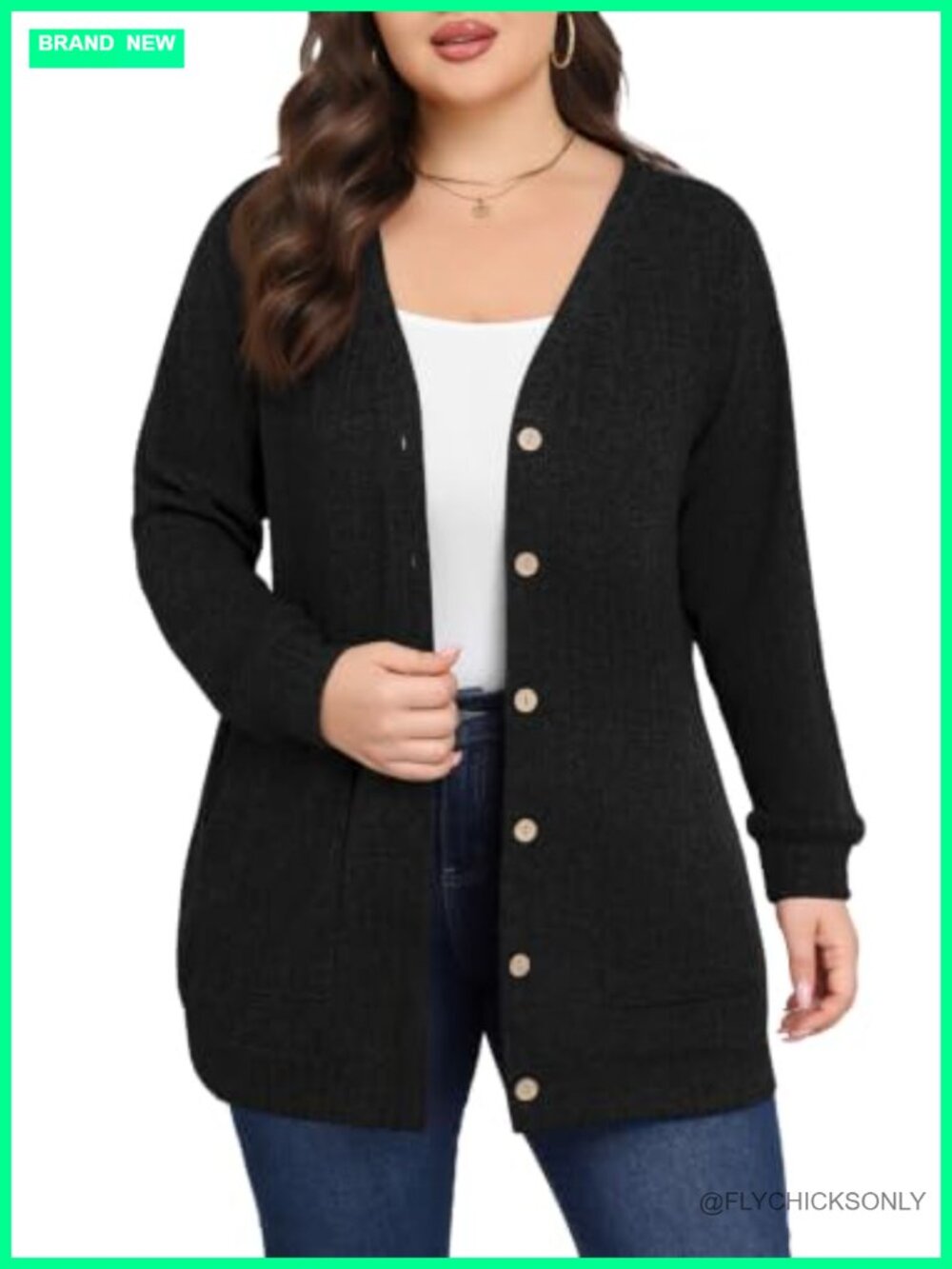 Plus Size Cardigan Sweater with Pockets, V-Neck Long Sleeve Button Up, Fall &